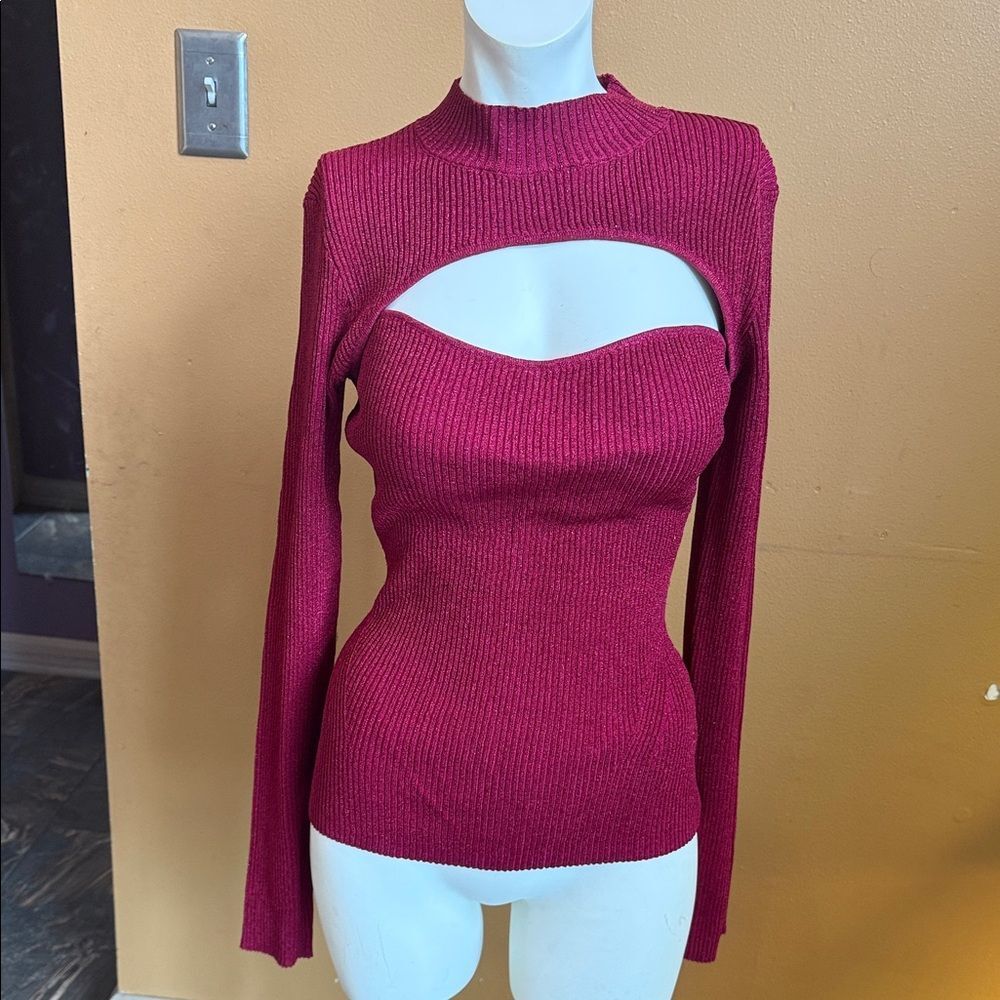 Nicholas Cut-Out glittery ribbed Knit Top - Burgundy Size M